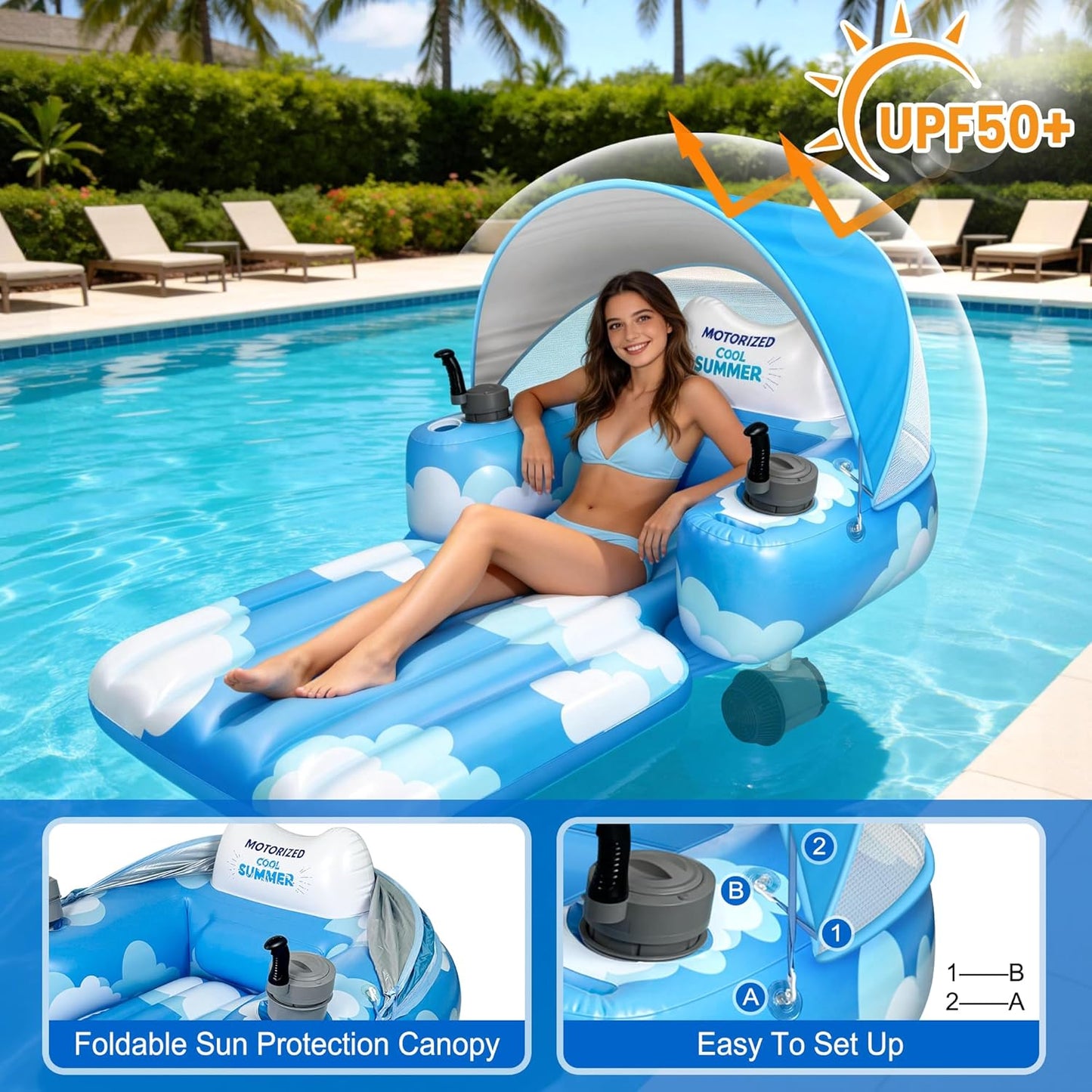 🌊🛟 Electric Motorized Pool Float with Canopy | Rechargeable Dual Motor Lounger ☀️⚡